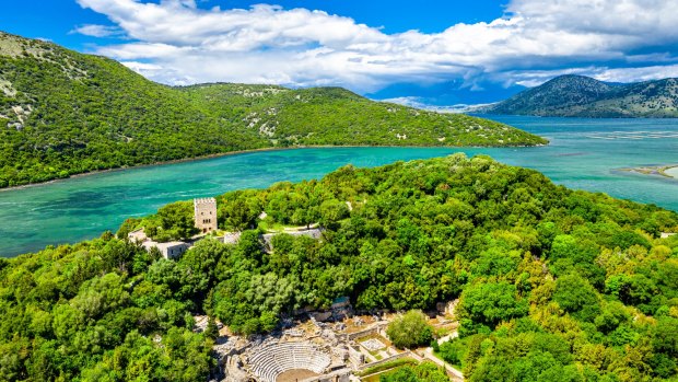 Aerial view of Albania's Butrint archaeological site.