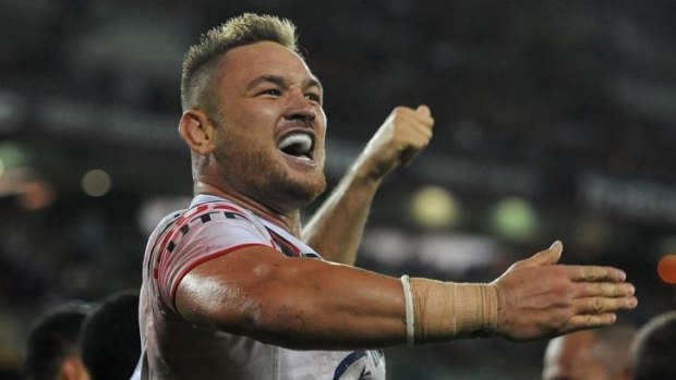 Passion: Jared Waerea-Hargreaves celebrates the Roosters' last-gasp win over Brisbane.