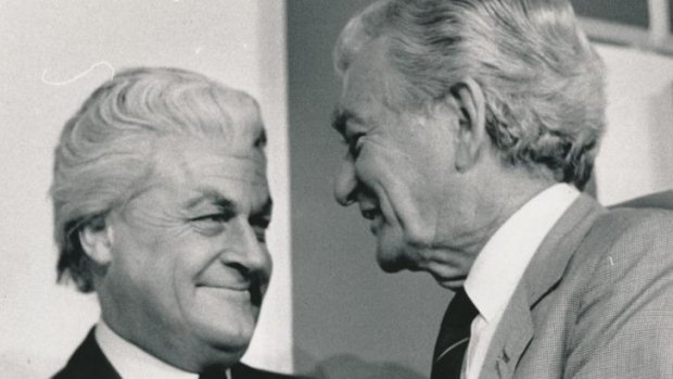 Prime Minister Bob Hawke meets his impersonator, Max Gillies, at the North Melbourne Grand Final breakfast at the Southern Cross ballroom in 1988. 