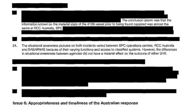 Blacked out portions of the report into Australia's response to the sinking of the Siev 358, which was kept from a police investigation into the incident.