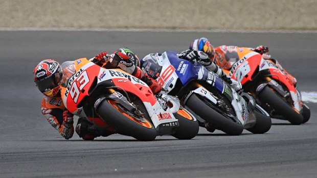 Marc Marquez leads Jorge Lorenzo and Dani Pedrosa during the Czech MotoGP on Sunday.