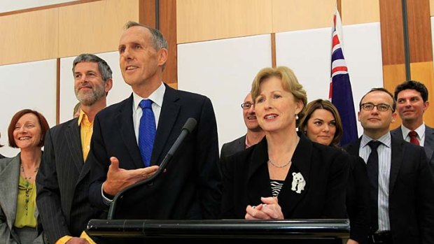 Bob Brown with his replacement as Greens leader, Christine Milne.