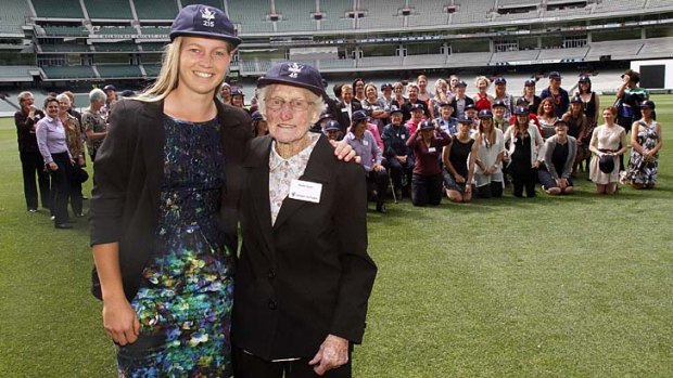 Meg Lanning, the youngest Victorian representative with Myrtle Baylis, the oldest surviving Victorian women's player at the MCG reunion.
