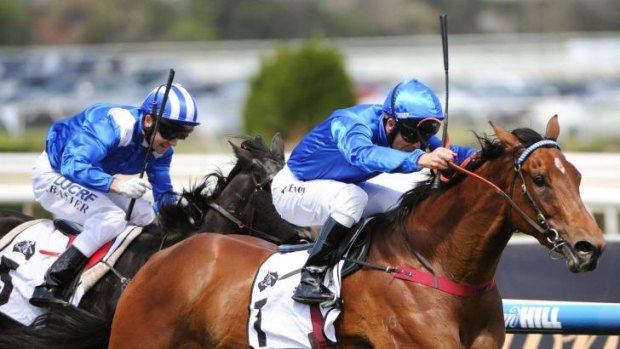 Kerrin McEvoy on Earthquake at the finish of the Thoroughbred Club Stakes.