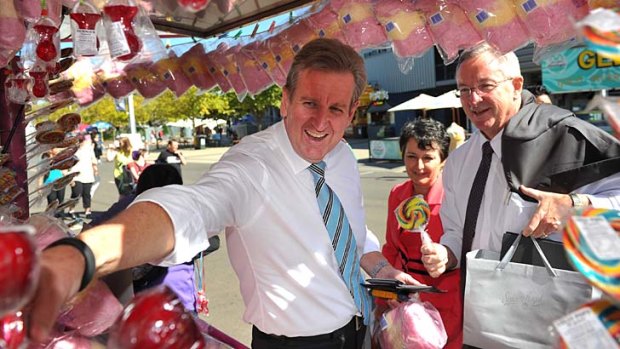On show: Barry O'Farrell with ministers Pru Goward and Brad Hazzard at the Easter Show on Monday, where they held a cabinent meeting.