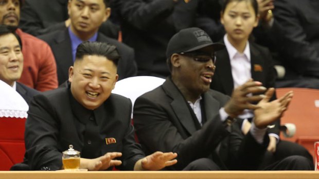 North Korean leader Kim Jong Un, left, and former NBA star Dennis Rodman watch North Korean and U.S. players in an exhibition basketball game at an arena in Pyongyang, North Korea, Thursday, Feb. 28, 2013.