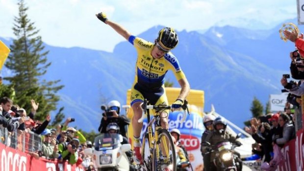 Victory secured: Michael Rogers celebrates his second win of the Giro d'Italia.