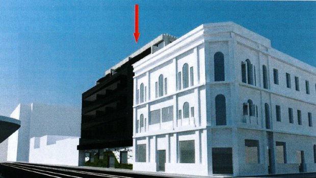 An impression of the proposed five-storey building (marked by red arrow).