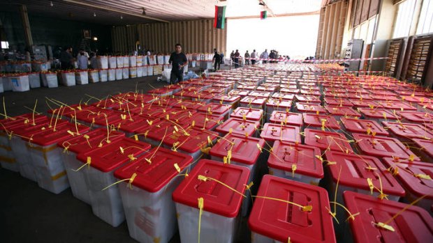 Collected ballot boxes wait to be checked for the final counting in Tripoli.