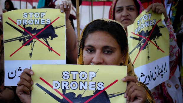 Pakistani women rally against drone attacks on their homeland.