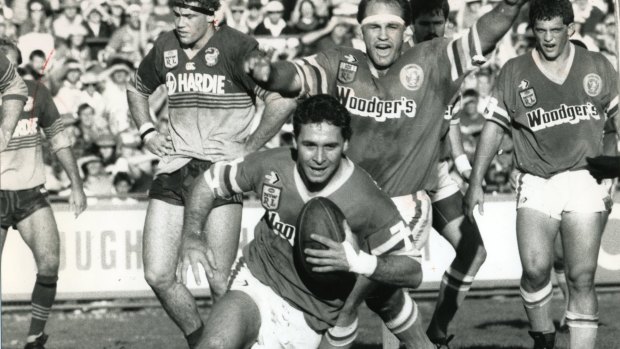 Try time: Ricky Stuart scores a try for the Raiders during his playing days in Canberra.