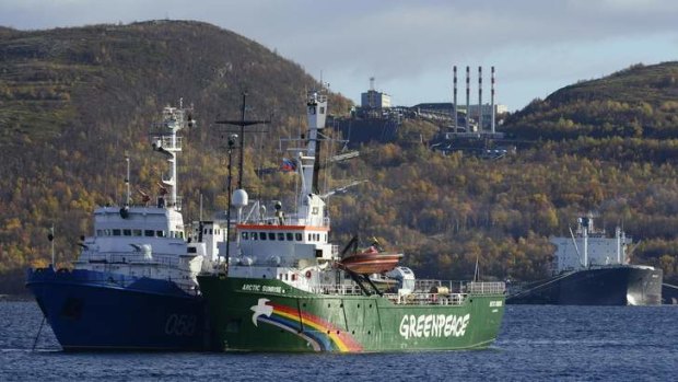 Greenpeace ship "Arctic Sunrise" is seen anchored outside the Arctic port city of Murmansk.