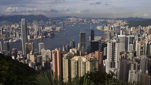 The Hong Kong skyline is seen from the Peak tourist spot.