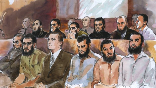 An artist's impression of the 12 accused men. Illustration: Anne Spudvilas