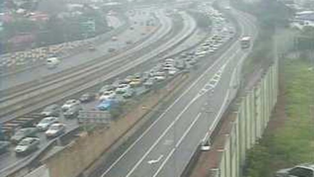 Traffic backs up on the Pacific Motorway following an accident on Wednesday morning.