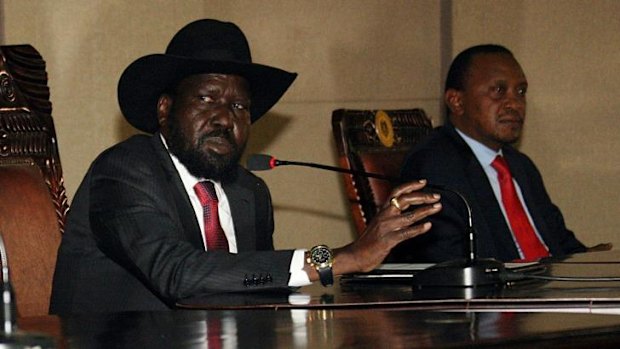 South Sudan President, Salva Kiir, left,  with his Kenyan counterpart Uhuru Kenyatta during peace talks on Boxing Day at Kiir's office in Juba.