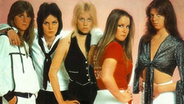 The Runaways, Jackie Fuchs is at the far right. Joan Jett is second from left.