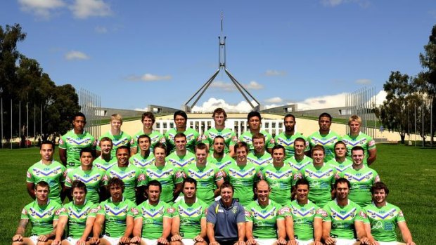 The Canberra Raiders squad pose at Federation Mall in Canberra.