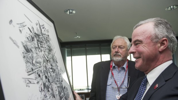 Jim Kaucz presenting a copy of his WWI print to Brendan Nelson for the 100th anniversary of Lone Pine at Gallipoli. 