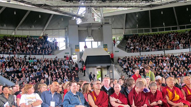 Crowds gather at South Bank's Piazza for the Dalai Lama's visit to Brisbane.