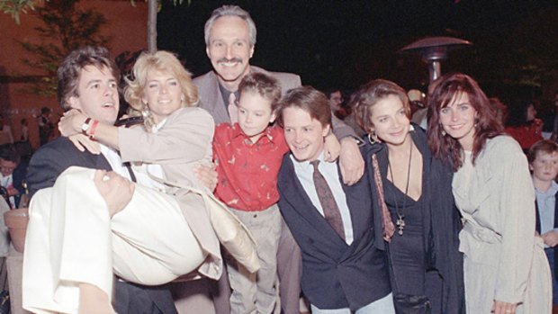 The cast of Family Ties in 1989 with child star Brian Bonsall (centre). Bonsall has been arrested for investigation of assault in Colorado.
