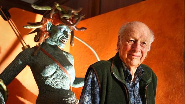 Special effects creator Ray Harryhausen poses with an enlarged model of Medusa from his 1981 film <i>Clash Of The Titans</i> at the London Film Museum in 2010.