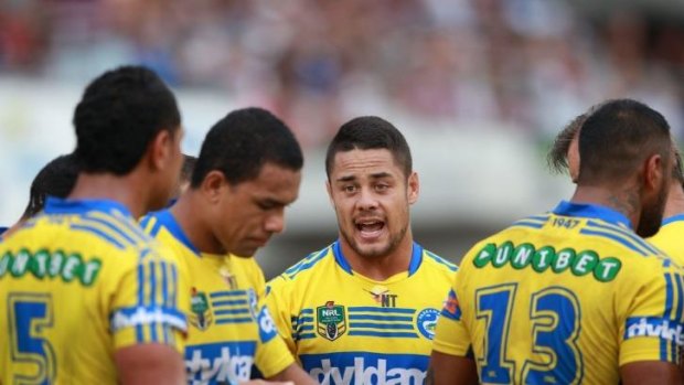 Jarryd Hayne talks to his troops during the tight loss to Manly.