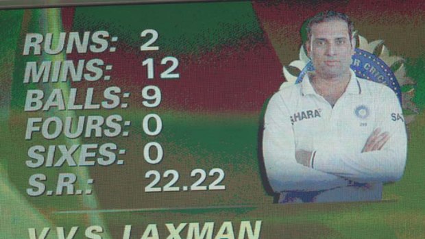 Under pressure ... V. V. S. Laxman is dismissed by Pattinson for a paltry two runs.