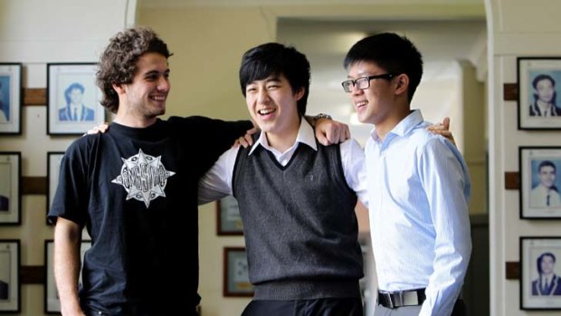 Three's company ... Tim Gollan, Dennis Kim and Austin Ly, of Sydney Boys High School, achieved top results in this year's HSC.