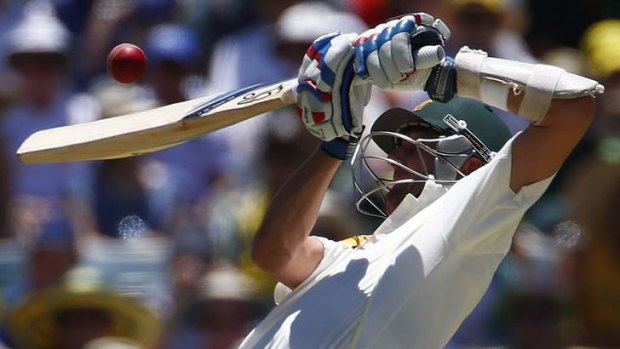 Australia's Nathan Lyon tries to play a shot during the second day of the third Ashes test.