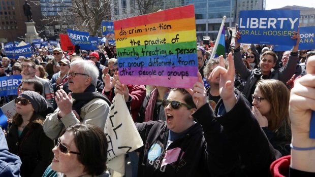 Furious demonstrators in Indiana take aim at the state's recently-signed and controversial 'religious freedom' bill.