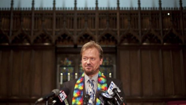 Frank Schaefer speaks to reporters after being reinstated as a pastor in Germantown, Pennsylvania, in June.