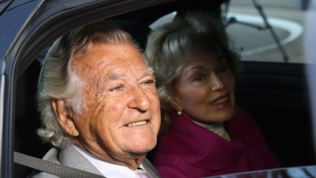 Former Australian Prime Minister Bob Hawke and his wife Blanche d'Alpuget arrive at the Australian Labor Party's campaign launch  in Brisbane.