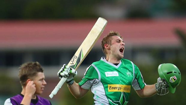 Tons of pride: Luke Wright celebrates his century at Bellerive Oval last night for the Stars.