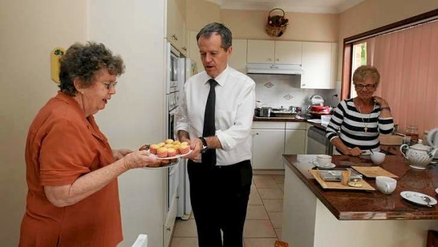 Teatime: Bill Shorten drops in for a cuppa with Labor "seniors" Annette Thornton, left, and Mary Gleason in Eastlakes.