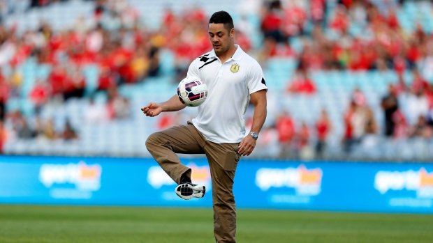 Time out: Jarryd Hayne took to the field ahead of the Liverpool FC Legends and Australian Legends at ANZ Stadium earlier this month.