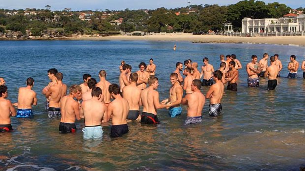 Safe harbour ... the Swans take the waters at Balmoral Beach yesterday after their thumping victory over the Western Bulldogs at the SCG on Sunday.