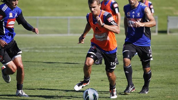 Experience: Joel Griffiths on the ball at Sydney FC training on Thursday.