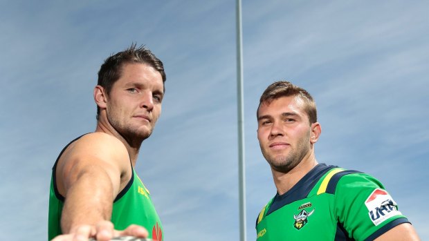 Sport.  Canberra Raiders players, from left, Jarrod Croker and Mitch Cornish are two Goulburn boys in key positions for the Raiders.  6 March 2015.  Canberra Times photo by Jeffrey Chan.