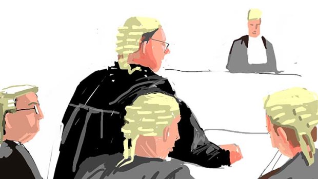 Their strong suit &#8230; three QCs, two senior counsels, junior barristers and at least a dozen solicitors packed into court 7c of the Supreme Court for the Rinehart case this week. <em>Illustration: Rocco Fazzari</em>