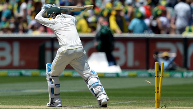 Bowled over: Michael Clarke falls cheaply to Jimmy Anderson.