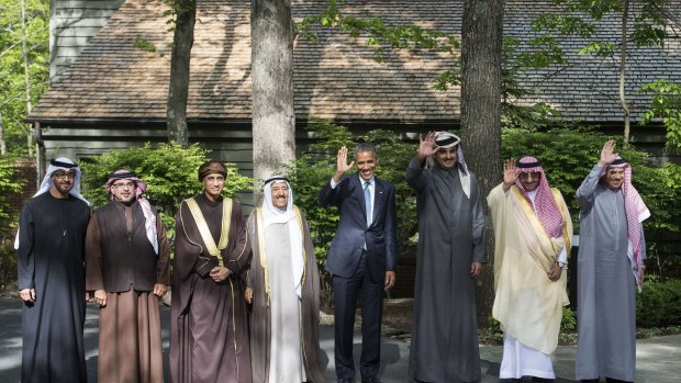 At Camp David, from left: Abu Dhabi Crown Prince Mohammed bin Zayed al-Nahyan, Bahrain Crown Prince Salman bin Hamad al-Khalifa, Oman Deputy Prime Minister Fahd bin Mahmud al-Said, the emir of Kuwait Sheikh Sabah al-Ahmed al-Sabah, Barrack Obama, the emir of Qatar Sheikh Tamim bin Hamad al-Thani, Saudi Crown Prince Mohammed bin Nayef and GCC Secretary General Abdullatif bin Rashid al-Zayani.