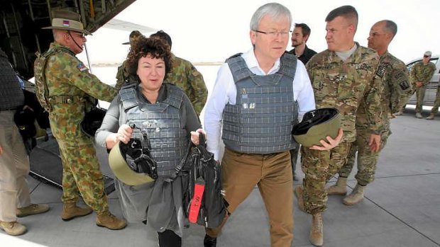 Prime Minister Kevin Rudd with his wife Therese Rein on a surprise visit to Australian troops in Tarin Kowt, Afghanistan.