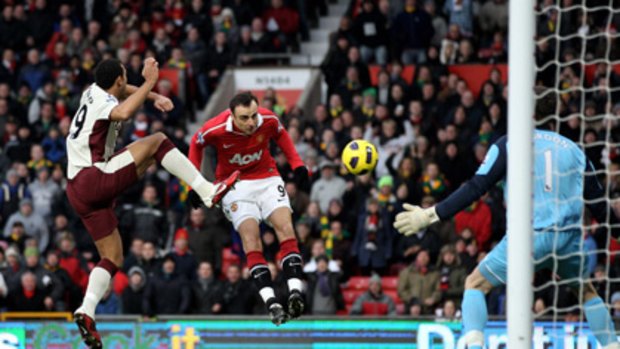 Hang time ... Dimitar Berbatov nets the first of two goals against Sunderland but should have scored "four or five", said manager Alex Ferguson.