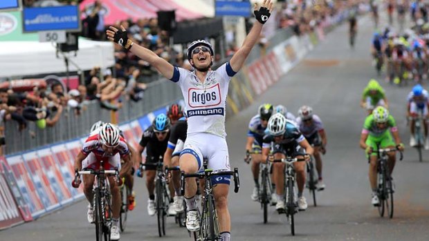 Germany's John Degenkolb celebrates as he crosses the finish line and wins the fifth stage of 96th Giro d'Italia in Matera.