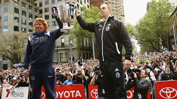 The scene last year, with Cameron Ling of the Cats and Nick Maxwell of the Magpies.