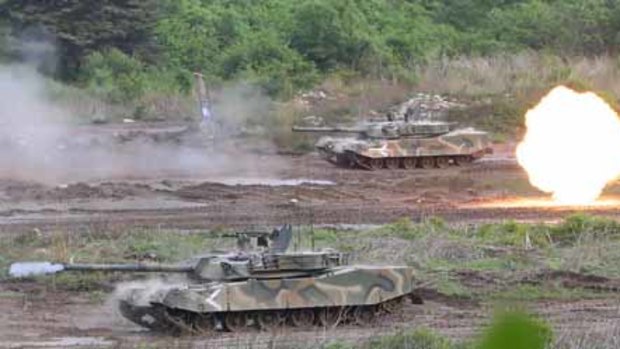 South Korean K-1 tanks during a military drill at a firing range near the demilitarized zone.