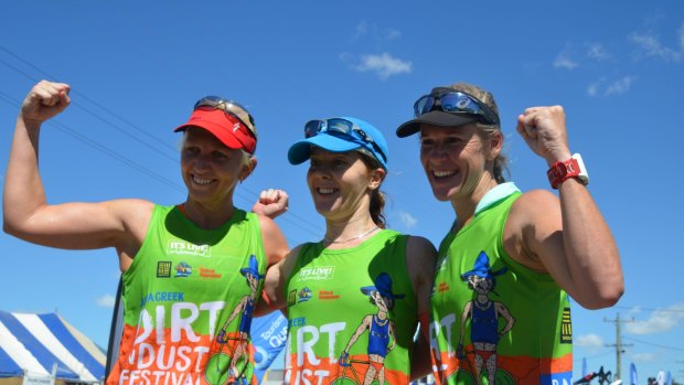 The top three triathletes in the women's event, from left, Amanda Gowing (third), Fiona Lenz (first) and Belinda Thompson (second).