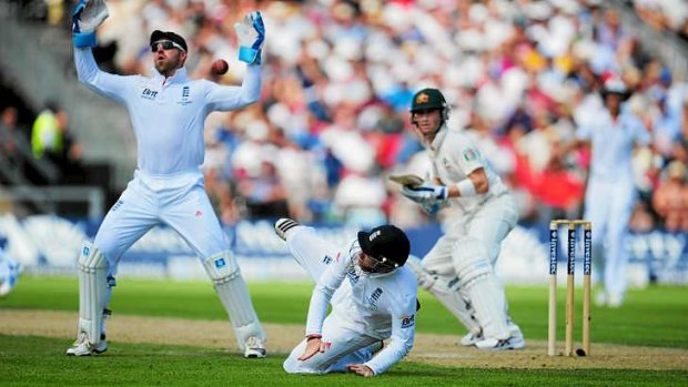 Close call: Matt Prior as Ian Bell stretch for a catch from Michael Clarke.