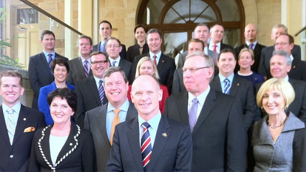Premier Campbell Newman with the LNP cabinet announced today at State Parliament House.